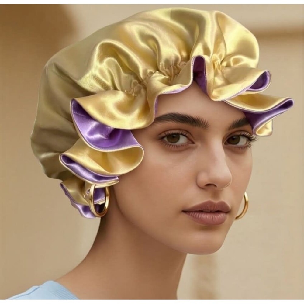 Reversible Satin Sleep Bonnet Hat – Purple & Yellow – Extra Large, Elastic Fit